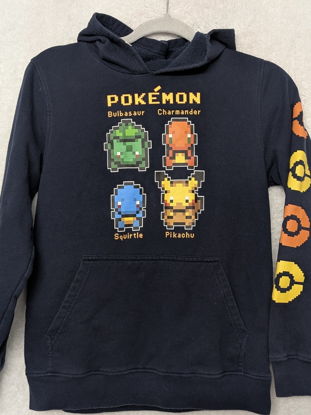 Pokemon Navy Hoodie with Pixel Pikachu, Bulbasaur, Charmander & Squirtle